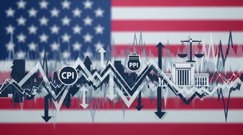Abstract image with US flag background, arrows indicating market direction, and economic data icons symbolizing inflation, retail sales, and Fed decisions.